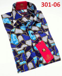 Axxess Blue / Navy / Gold Abstract Design Modern Fit Cotton Dress Shirt 301-06.