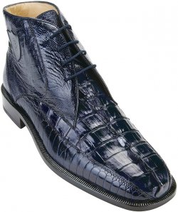 Belvedere "Rico" Navy Genuine Ostrich and Hornback Crocodile Ankle Boots With Crocodile Tail