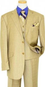 Tzarelli Tan With Royal Blue / Taupe Windowpanes Super 150'S Wool Vested Suit TZ-200