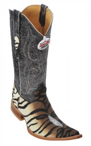 Los Altos White / Brown Genuine Stingray W / Tiger Design 3X Toe Cowboy Boots 955573