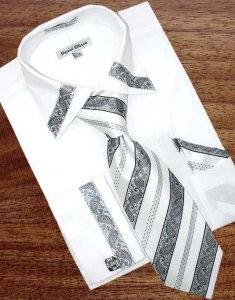 Daniel Ellissa White With Silver Grey/Black Paisley Design Shirt/Tie/Hanky Set DS3741P2