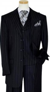 Luciano Carreli Collection Midnight Navy Blue With White Chalk Stripes With Midnight Navy Blue Hand-Pick Stitching Super 150'S Vested Suit 6289-0062