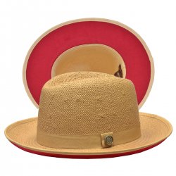 Bruno Capelo Camel / Burnt Red Bottom Natural Straw Fedora Hat EM-514