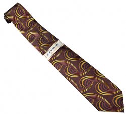 Stacy Adams Collection SA142 Dark Burgundy / Gold Artistic Design 100% Woven Silk Necktie/Hanky Set