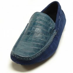 Encore By Fiesso Blue Alligator Print Leather / Suede Loafer Shoes FI3095