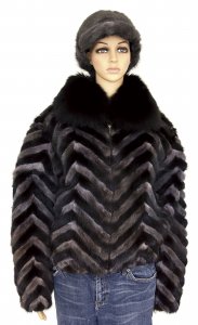 Winter Fur Ladies Black / Grey Chevron Mink Jacket With Fox Collar W39S05BGR