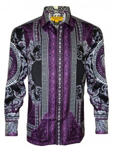 Prestige Purple / Black / White Satin Medusa / Greek Design Long Sleeve Shirt PR-304