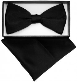 Classico Italiano Black 100% Silk Bow Tie / Hanky Set BH02