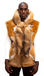 G-Gator Cognac Mouton Sheepskin Vest With Hood / Genuine Fox Fur 6500.