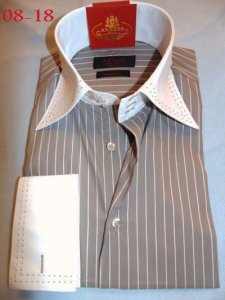 Axxess Khaki / White Pinstripes Handpick Stitching 100% Cotton Dress Shirt 08-18