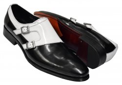 Carrucci Black / White Calfskin Leather Shoes with Double Monk Straps KS099-3003W