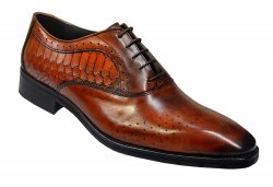 Duca Di Matiste 1493 Hand Painted Cognac Genuine Italian Calfskin Leather / Snakeskin Print Shoes With Perforation