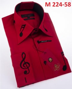 Axxess Red / Black Music Note Embroidered Cotton Modern Fit Dress Shirt With French Cuff M224-58.