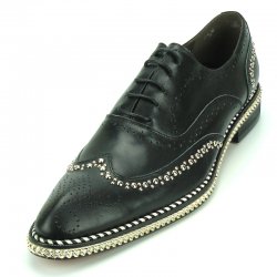 Fiesso Black Leather Lace-Up Shoes With Silver Sole Bracelet / Studs FI7201.