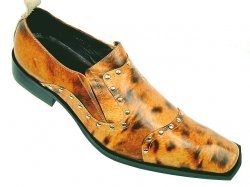 Fiesso Gold Leopard Print Leather Loafer Shoes w/Metal Studs FI6221