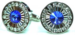 Fratello Silver Plated Round Cufflinks Set With Blue Enamel And Clear Rhinestone CL031