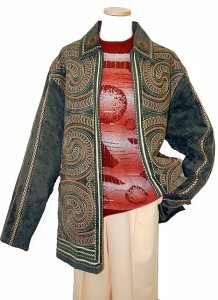Prestige Olive Green/Rust Embroidered Swirly Design Genuine Leather(Suede) Coat