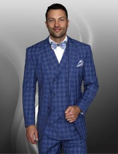Statement Confidence Sapphire Blue / Silver / Black Plaid Super 150's Wool Classic Fit Vested Suit TZ-951