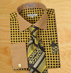 Daniel Ellissa Gold / Black Woven Design Shirt / Tie / Hanky Set With Free Cufflinks DS3782P2