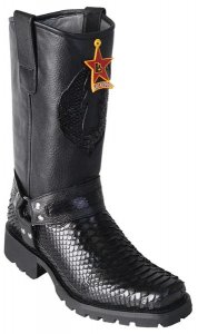 Los Altos Black Genuine Python Snakeskin Motorcycle Square Toe Cowbot Boots 55T5705