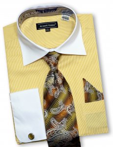 Avanti Uomo Mustard / White Woven Design Dress Shirt / Tie / Hanky / Cufflink Set DN74M