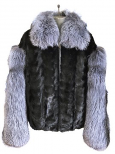Winter Fur Black / Silver Genuine Mink Section Bomber Jacket With Fox Collar and Sleeves M69R01BKSF.