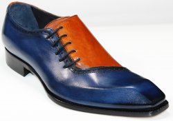 Duca Di Matiste "Viroli" Navy Blue / Gold Genuine Italian Calfskin Side Lace-Up Slip-On Shoes.