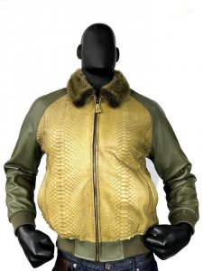 G-Gator Olive Green Genuine Lambskin Leather Bomber Jacket With Python Trimming Mink Collar 1020-2.