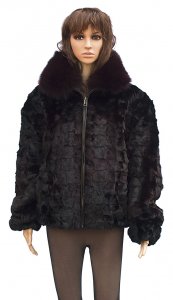 Winter Fur Ladies Burgundy Diamond Mink Jacket With Fox Collar W49S05BDT.