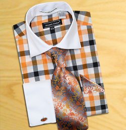 Avanti Uomo White / Orange / Black Windowpane Shirt / Tie / Hanky Set With Free Cufflinks DN58M