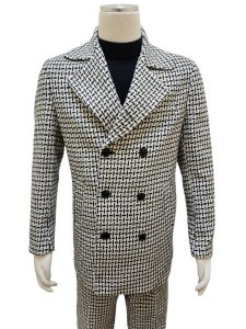 Lanzino White / Black Wool Modern Fit 3/4 Length Double Breasted Pea Coat Outfit JK125