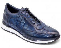 Duca Di Matiste "Varsi" Navy Genuine Italian Calf Leather Crocodile Print Sneakers.