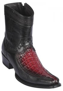 Los Altos Faded Burgundy Genuine Caiman Tail and Deer Boots Leather European Square Toe Low Shaft Cowboy Boots 76BF0143