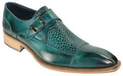 Duca Di Matiste 120 Teal Genuine Calfskin / Calfskin Print Loafer Monk Strap Shoes.