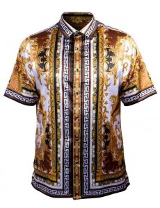 Prestige Brown / Gold / Black / White Satin Medusa Short Sleeve Shirt PR-101