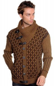 LCR Dark Camel / Brown Classic Fit Wool Blend Shawl Collar Cardigan Sweater 5860C