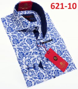 Axxess Blue / White Cotton Flower Design Modern Fit Dress Shirt With Button Cuff 621-10.