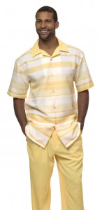 Montique Yellow / White Striped Woven Design Short Sleeve Outfit 1855