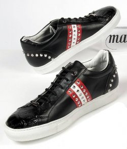 Mauri Black / White / Red Genuine Alligator Metal Studded Sneakers.