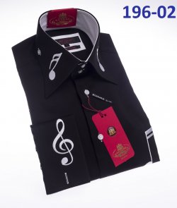 Axxess Black / White Music Note Embroidery Cotton Modern Fit Dress Shirt With French Cuff 196-02.