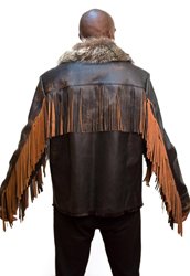 G-Gator Brown Leather Jacket With Fringes And Rabbit Lining- back view