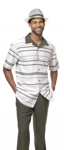 Montique Olive Green / White Horizontal Striped Woven Front Short Sleeve Outfit 1843