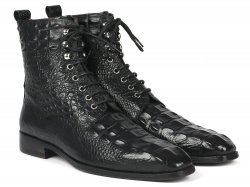 Paul Parkman Black Croco Print Embossed Genuine Leather Boots 12811-BLK.