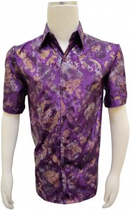 Pronti Purple / Metallic Gold / Silver Paisley Short Sleeve Shirt S6658