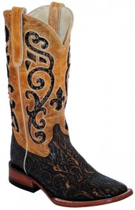 Ferrini Ladies 81893-15 Antique Saddle / Black Genuine Leather Embossed Cross Boot-s