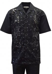 Silversilk Black / Metallic Silver Sequined / Hand Laced Linen Short Sleeve Outfit 6855