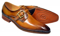 Carrucci Cognac Burnished Calfskin Leather Monk Strap Shoes KS503-35