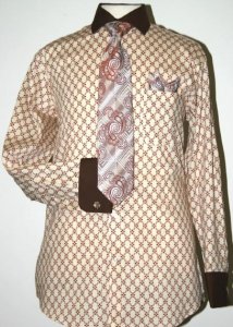 Fratello Beige / Black Diamond Weave Design 100% Cotton Shirt / Tie / Hanky Set With Free Cufflinks FRV4126P2.