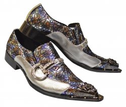 Fiesso Metallic Silver / Iridescent Leather Slip On Shoes With Rhinestone Silver Buckle / Gunmetal Toe FI7013