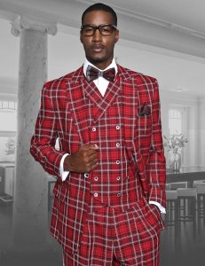 Statement Confidence "Mirage" Red / Black / White Plaid Super 150's Wool Vested Wide Leg Suit